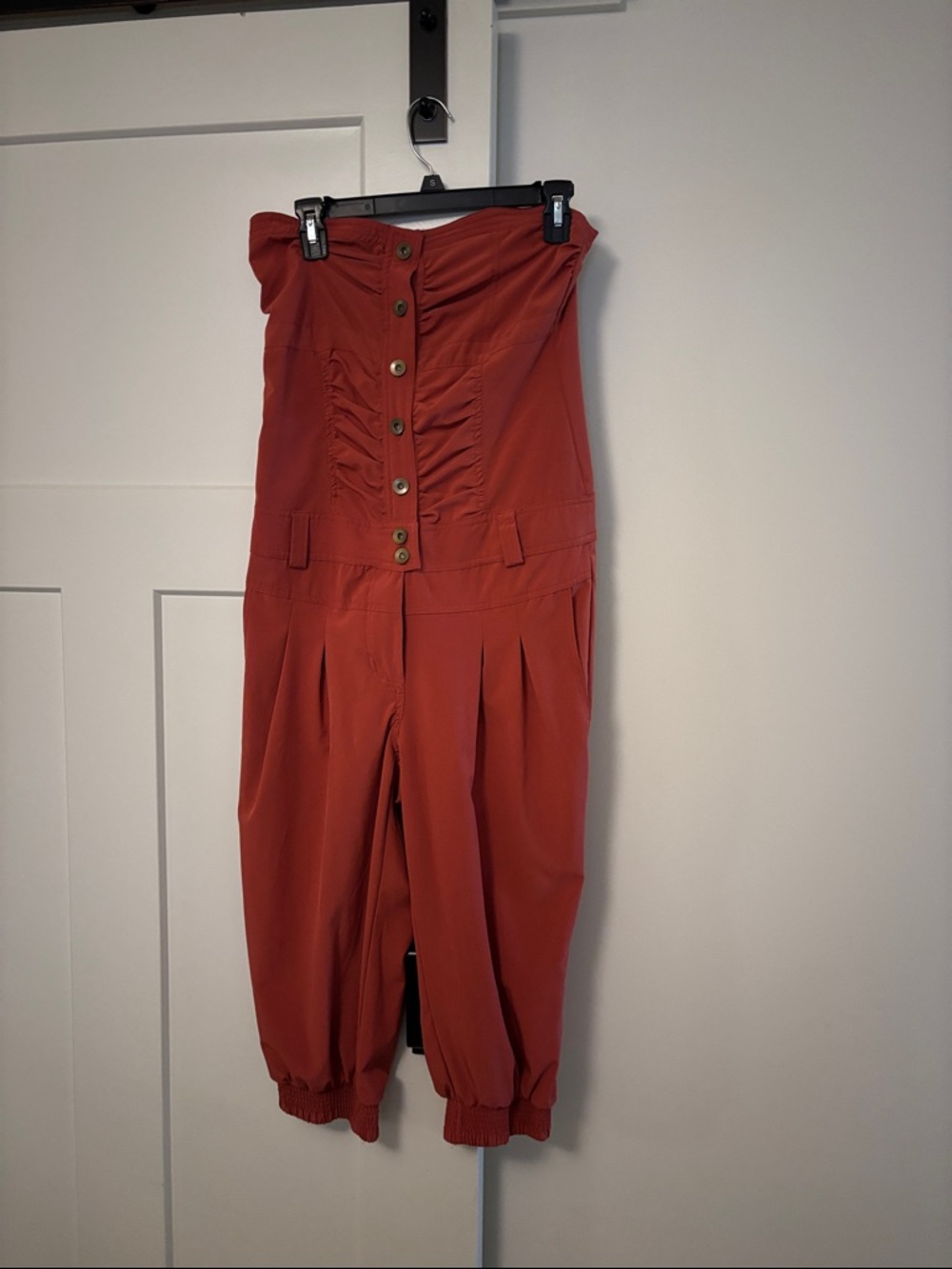 Rust-Colored Strapless Button-Front Jumpsuit Jogger